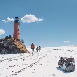 people are walking in front of a lighthouse
