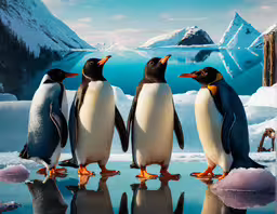 five penguins standing on the ice in front of mountains and water