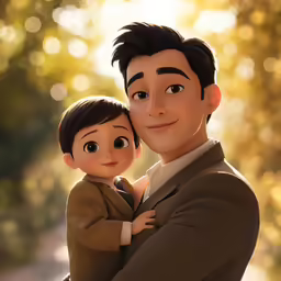 a man holding onto a child who is hugging him