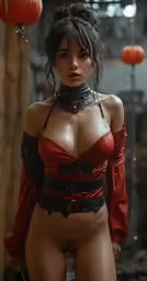 a naked model in leather outfit holding an orange lantern