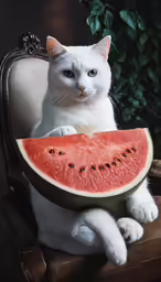 white cat sitting in a chair holding a slice of watermelon