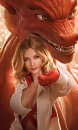 a woman in a white jacket pointing at an orange dragon