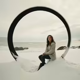 woman sitting in front of large circle sculpture by the beach