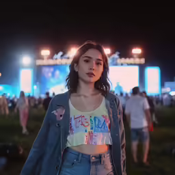a beautiful woman wearing a jean jacket standing on top of a lush green field