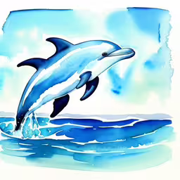 a picture of a dolphin leaping out of the water,a blue and white dolphin is leaping above the water