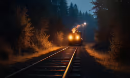 a train in the middle of tracks near some trees