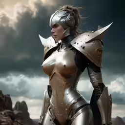 the woman is wearing a silver outfit and helmet