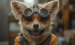 a brown and black dog wearing aviator gear and large eyes