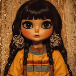 a close up of a doll wearing ear rings