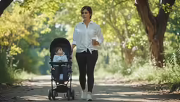 a young woman with a baby stroller in the woods