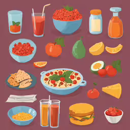 a table topped with a bowl filled with different kinds of food,a cartoon picture of several different food items