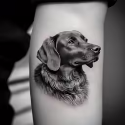 a black dog portrait is shown on the leg of a person