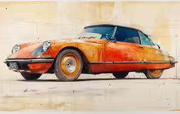 the orange car is painted in an abstract manner