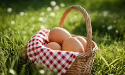 a basket of eggs sitting on top of a green field