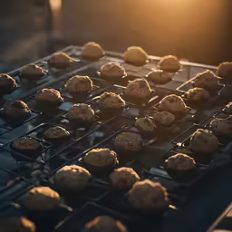 an oven filled with cookies and muffins covered in icing