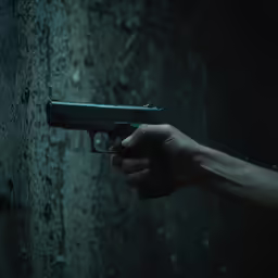 a hand holding a gun in front of a wall