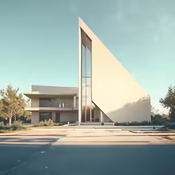 the house is designed like a triangle with tall windows