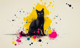 black cat sitting in front of some colorful splatters