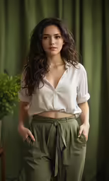 a woman standing in front of a green curtain