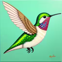 a painting of a hummingbird in flight,the image has colorful birds on a green background,painting of hummingbird with multicolored wings and beak,an image of a bird that is flying,a colorful hummingbird painted on green background