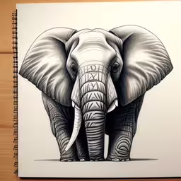 a drawing of an elephant on a book,an elephant drawing is being displayed on a notebook,a sketch of an elephant with tusks,a drawing of an elephant that is in color,an elephant