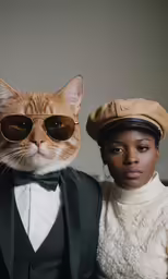 two women and a cat wearing black glasses