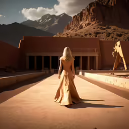 a woman is walking across a floor in front of mountains