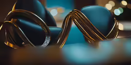 a blue chair is next to some gold jewelry