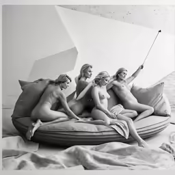five nude women are laying on top of an inflatable bed