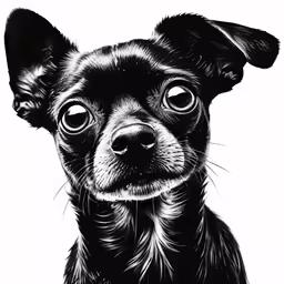 a black and white drawing of a small dog with large eyes
