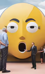 two men are shaking hands with people outside in front of a large object