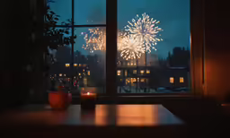 two candles sitting on a table in front of a window