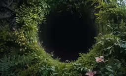 several different plants surrounding a black hole in the ground