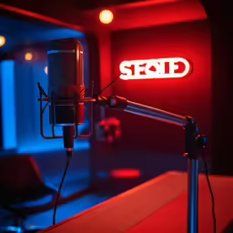 an empty radio studio with a red logo and a microphone on the stand