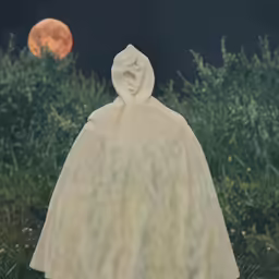 a white cloak is pictured in front of a full moon