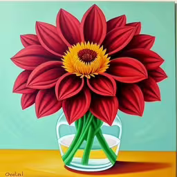 painting of a large red flower in a glass vase,a painting of a red dahl in a vase
