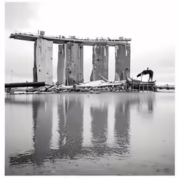 horse walking across bridge construction while another looks at the water