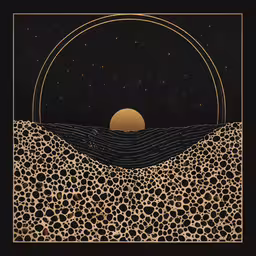 a painting of waves, and an eclipse,the golden sun in the middle of a black sky over rocks