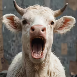 a white goat with horns on its head is yelling