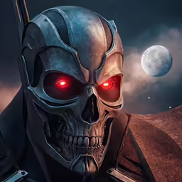 a knight with red eyes stands in front of the moon