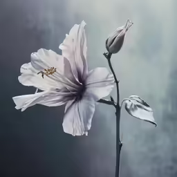 two white flowers on a tree branch with the sky in background