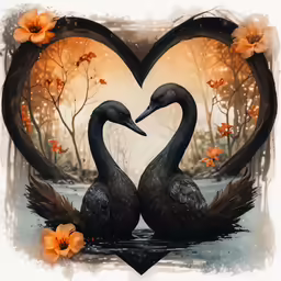 two birds shaped like hearts with their necks together