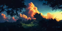 the sun rising behind some trees and a mountain