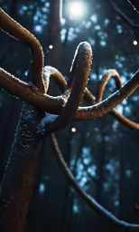 a tree branch with very tangled branches with light in background