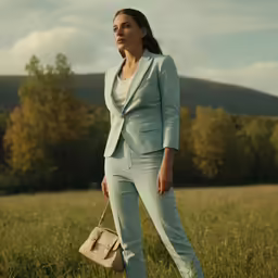 there is a woman wearing a suit and carrying a handbag in a field
