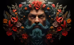 the man with the blue hair and beard is depicted