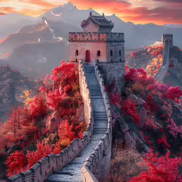a building on a steep hill with trees,the great wall on the cliff with colorful trees around