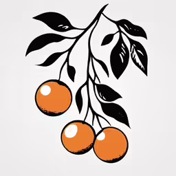 three oranges are hanging from a branch on a white background