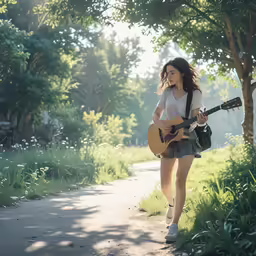 a girl with a guitar walking down a road