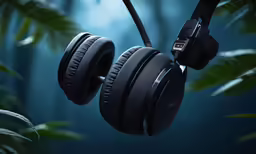 a pair of headphones on a string in a tropical jungle